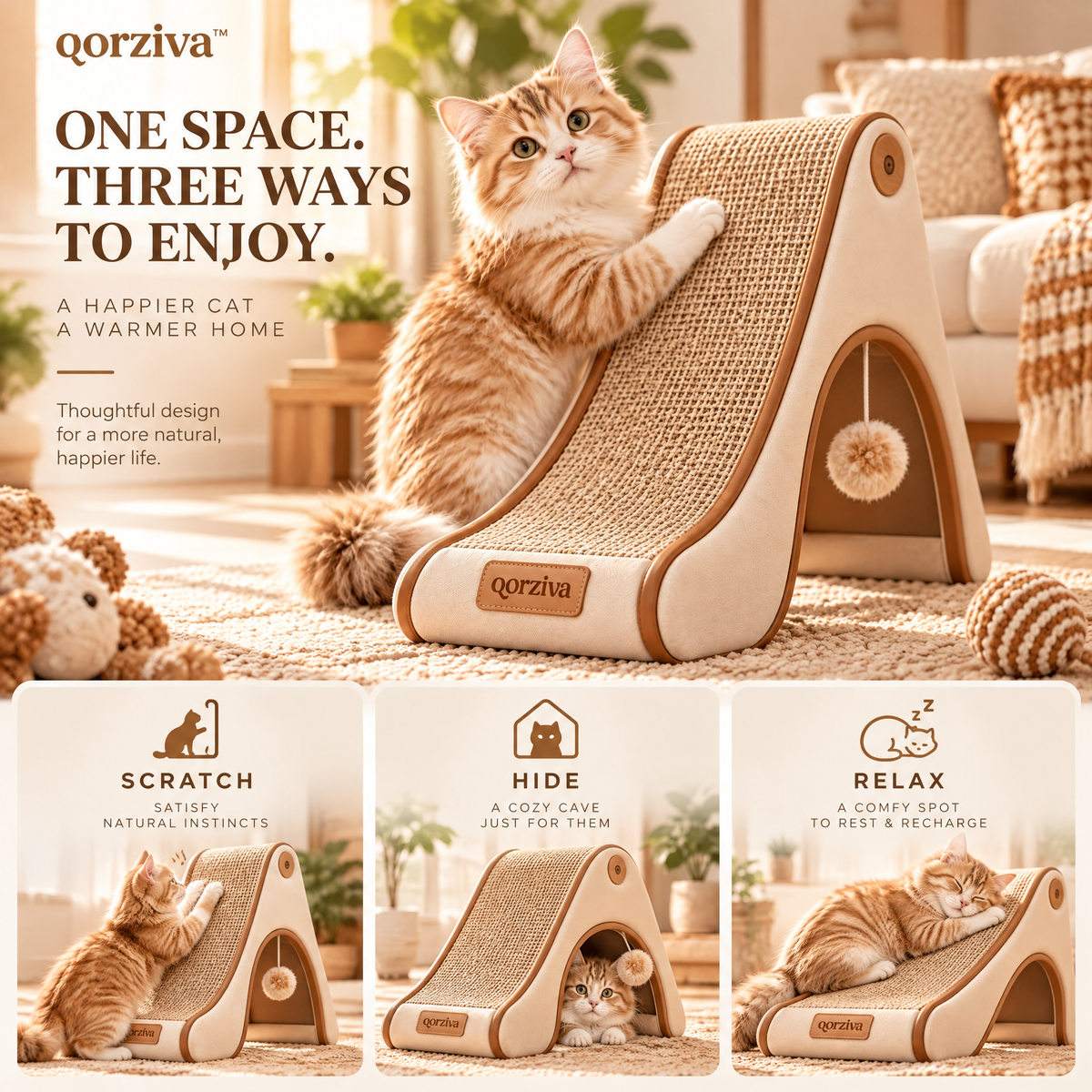 qorziva™ Cozy Triangle Cat Scratcher & Hideaway